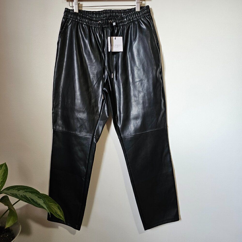 NWT LAUNDRY BY SHELLI SEGAL BLACK FAUX LEATHER TAPERED PANTS SZ M